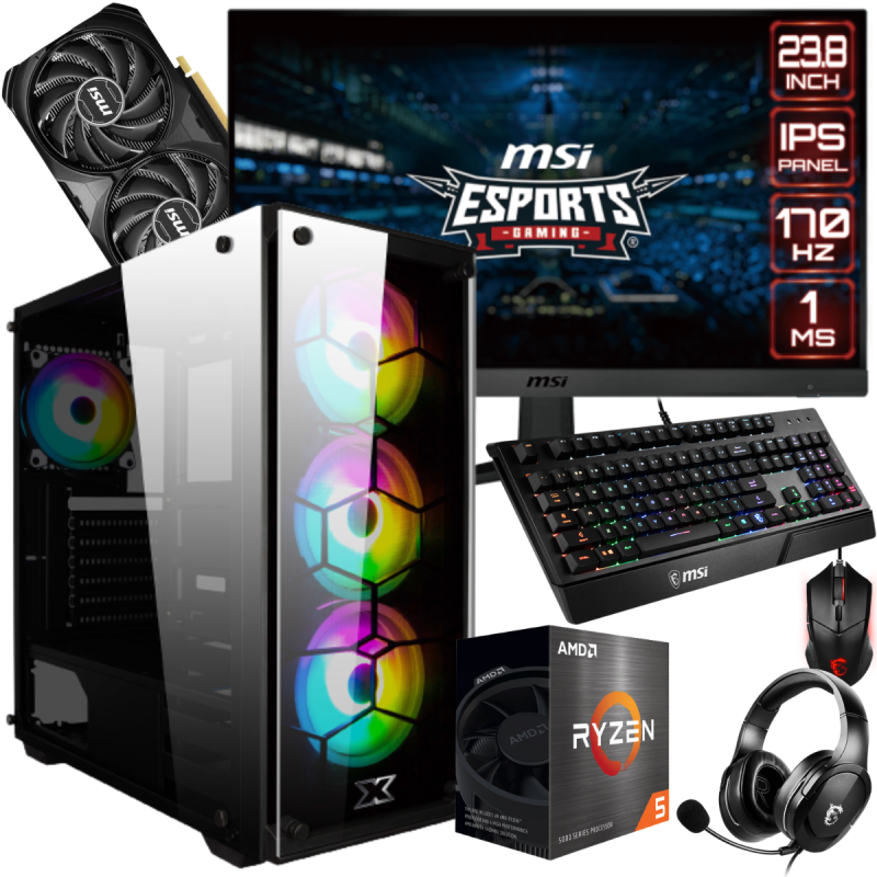 Setup Gamer Special Pc de Bureau Gaming / Ryzen 5 5600X / RTX 4060 Ti VENTUS 2X OC Black 8G / 16 Go Avec Écran MSI 24" Full HD 170 Hz